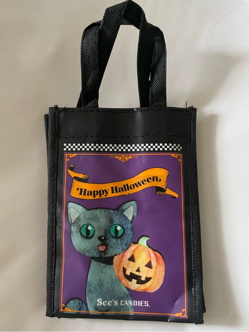 Rare See's Candies Vintage Halloween Reusable Mini Gift Tote Bag Black Cat Owl